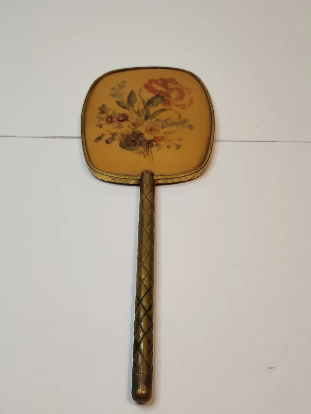Vintage Hand Mirror with Floral Motif in Mustard Yellow and Gold 13